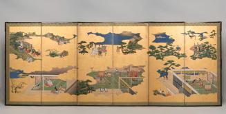 Tale of Genji (Genji Monogatari), one of a pair of six-panel screens depicting twelve selected chapters from Genji Monogatari
