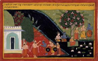 Rama, Lakshmana, and Sita Depart from Their Guru’s Ashram in the Forest, 
Illustration from a Ramayana (Epic of Rama) series