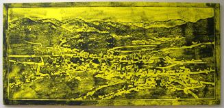 Artist’s duplicate of panel depicting bird’s eye view of Middlebury in 1886 from L’Art d’Écrire  (The Art of Writing)