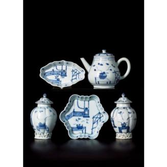Pear-Shaped Teapot with Lid and Stand, Two Tea Caddies with Covers, and Spoon Tray in Imari Pavillion Pattern