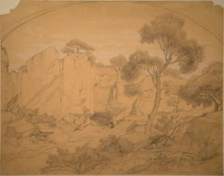 Rocky Landscape with Ruins, Trees, and Monk