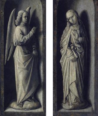 Wings a Triptych Altar: 
Left Wing Depicting (verso) Saint Nicholas of Myra, Saint Eloi, Saint Blaise, and another Bishop Saint, as well as the Martyrdom of Saint Sebastian, the Beheading of Saint Barbara, the Temptation of Saint Anthony, and another Saint; (recto) The Angel Gabriel 

Right Wing Depicting (verso) British King Henry VI Behind a Kneeling Donor; (recto) The Virgin Mary